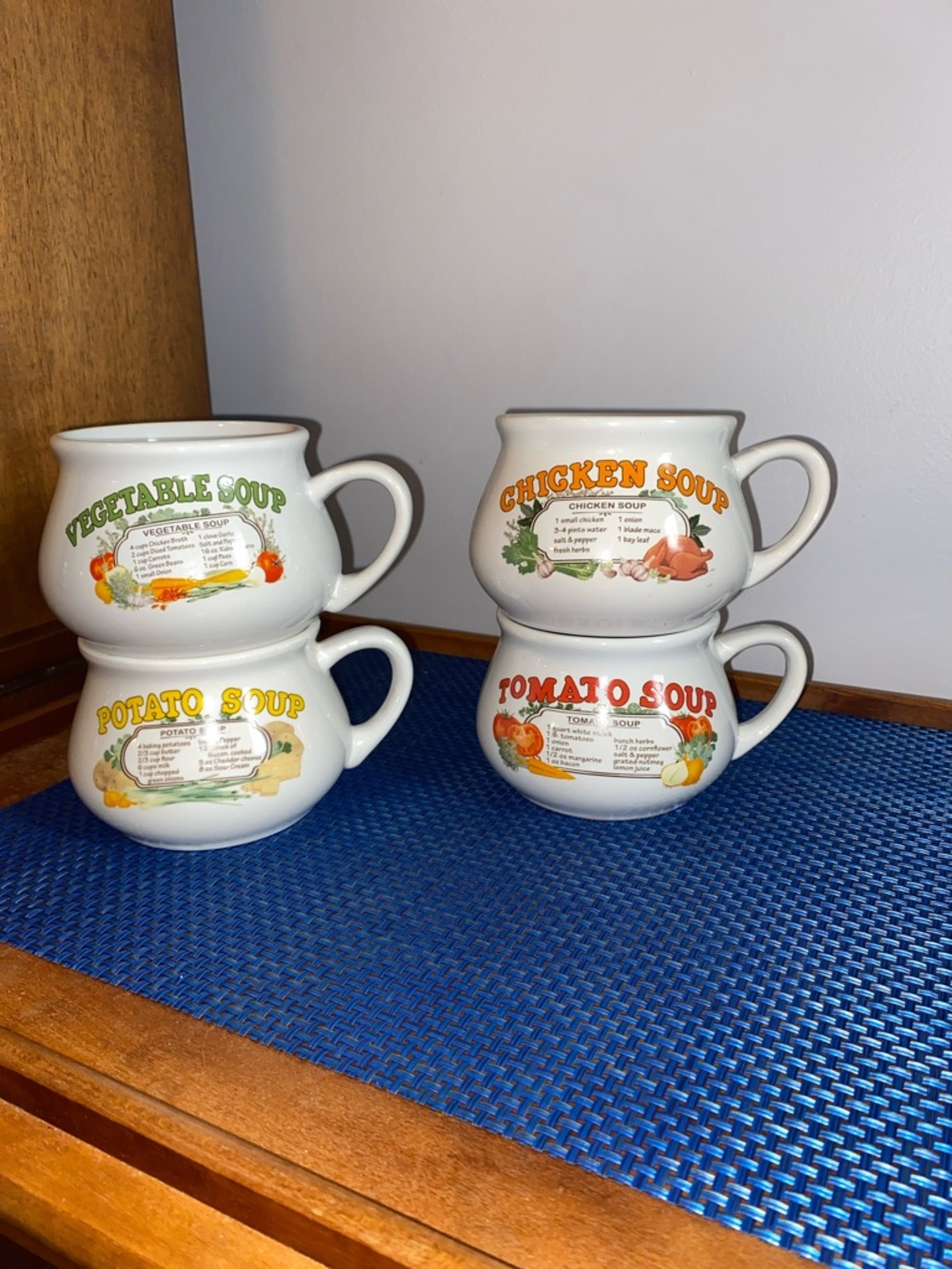 Vintage Dat’l Do-It soup recipe mugs/bowls. Potato, Vegetable, Chicken & Tomato